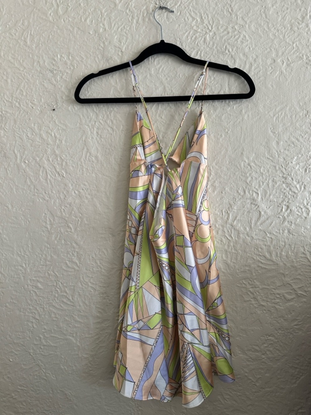 Zara Satin Cut Out Center Yellow Lilac Lime Pattern Mini Dress Medium - Picture 6 of 7